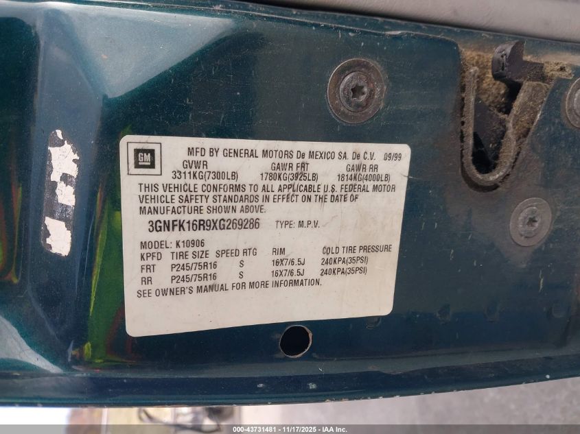 1999 Chevrolet Suburban 1500 VIN: 3GNFK16R9XG269286 Lot: 43731481