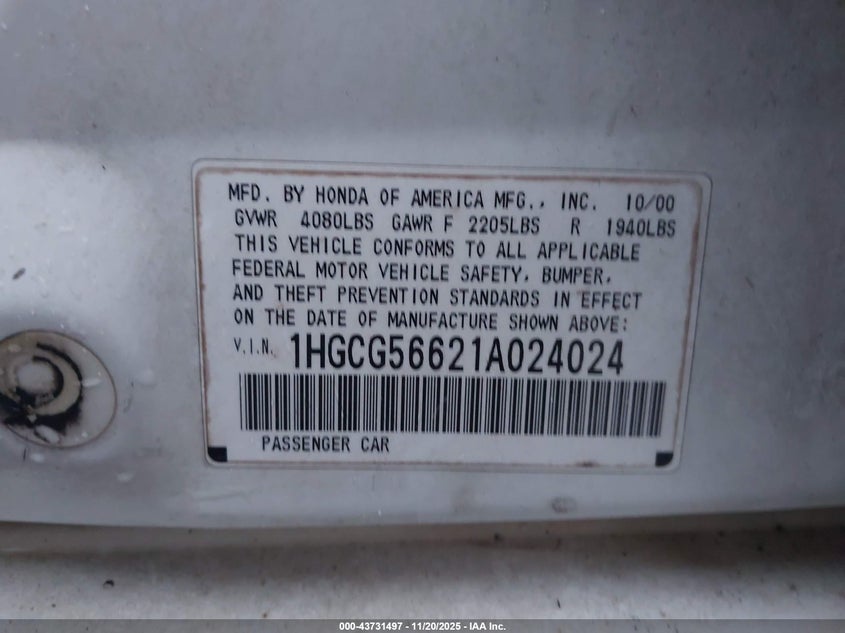 2001 Honda Accord 2.3 Ex VIN: 1HGCG56621A024024 Lot: 43731497