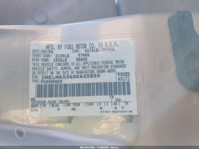 1995 Mercury Mystique Gs VIN: 1MELM6536SK605850 Lot: 43731502