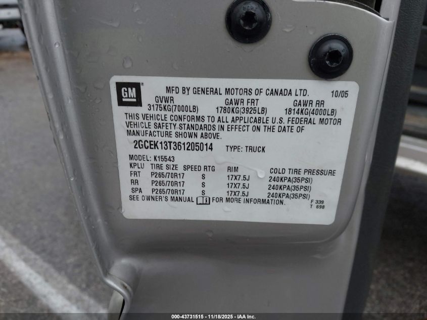2006 Chevrolet Silverado 1500 Lt1 VIN: 2GCEK13T361205014 Lot: 43731515