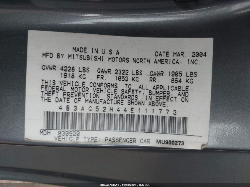 2004 Dodge Stratus R/T VIN: 4B3AG52H44E111773 Lot: 43731519