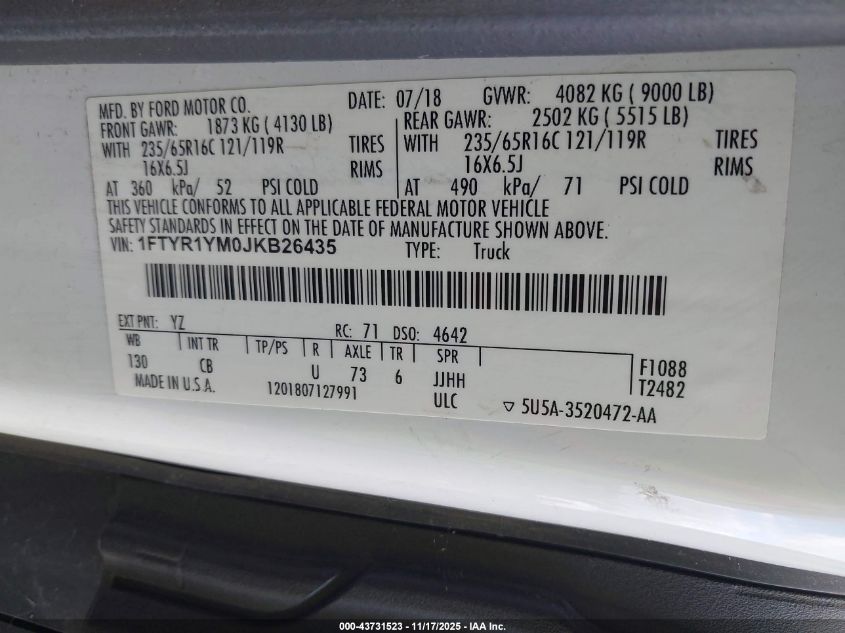 2018 Ford Transit-250 VIN: 1FTYR1YM0JKB26435 Lot: 43731523