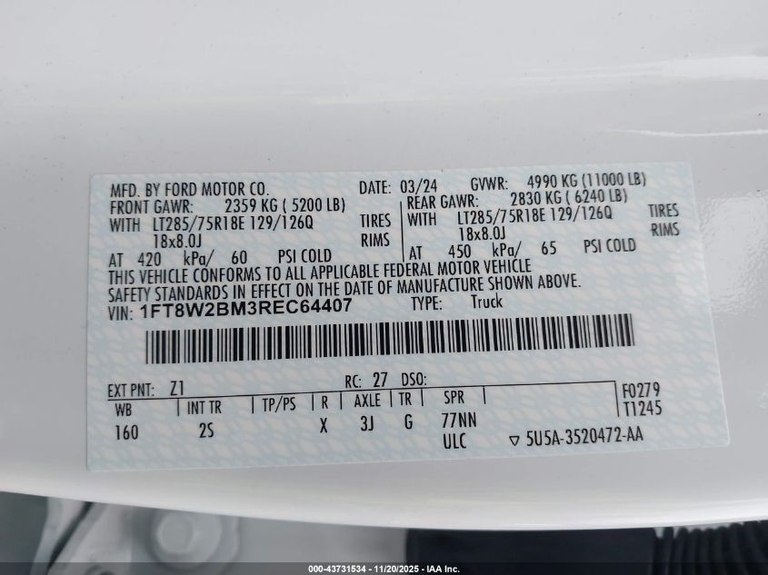 2024 Ford F-250 Xlt VIN: 1FT8W2BM3REC64407 Lot: 43731534