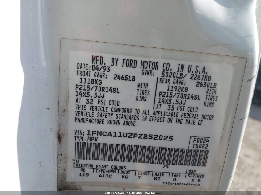 1993 Ford Aerostar VIN: 1FMCA11U2PZB52005 Lot: 43731536