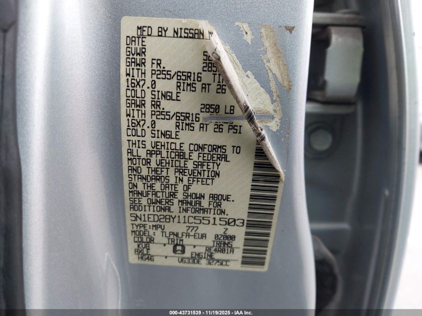 2001 Nissan Xterra Se VIN: 5N1ED28Y11C551503 Lot: 43731539