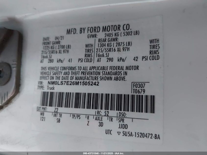 2021 Ford Transit Connect Xl VIN: NM0LS7E26M1505242 Lot: 43731546