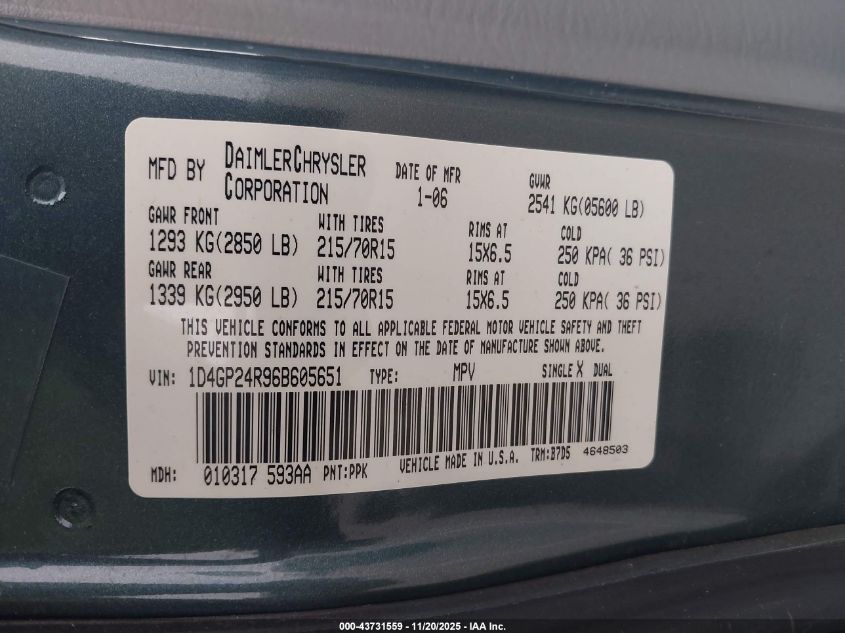 2006 Dodge Grand Caravan Se VIN: 1D4GP24R96B605651 Lot: 43731559