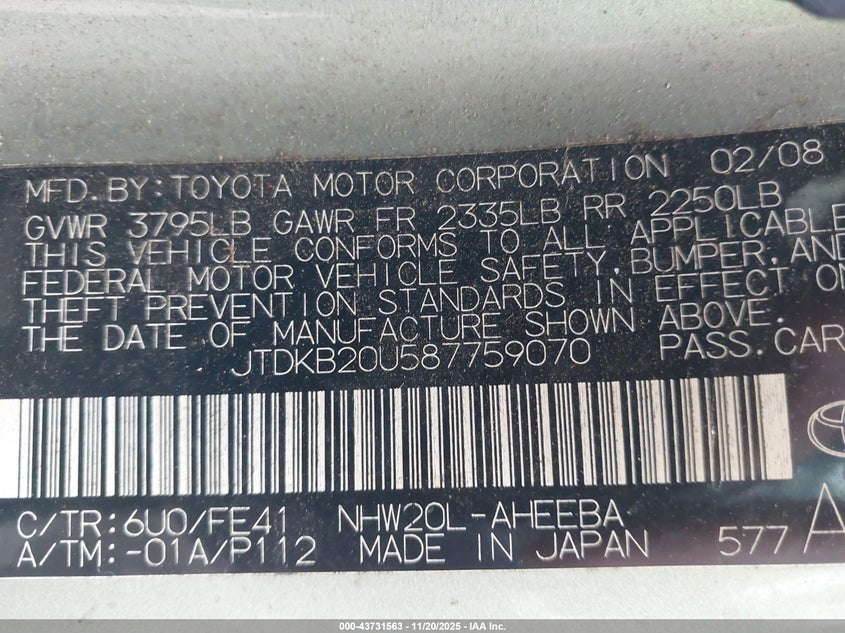 2008 Toyota Prius VIN: JTDKB20U587759070 Lot: 43731563
