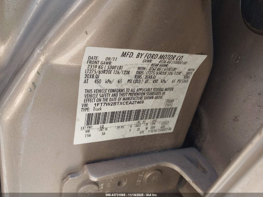 2012 Ford F-250 Lariat VIN: 1FT7W2BTXCEA27469 Lot: 43731565