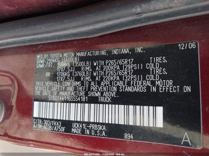 2006 Toyota Tundra Sr5 V8 VIN: 5TBDT44116S554181 Lot: 43731585