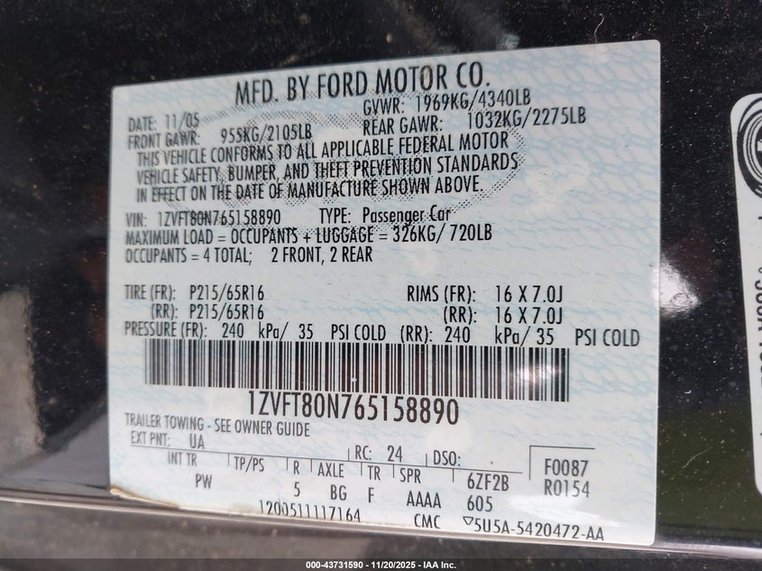 2006 Ford Mustang V6 VIN: 1ZVFT80N765158890 Lot: 43731590