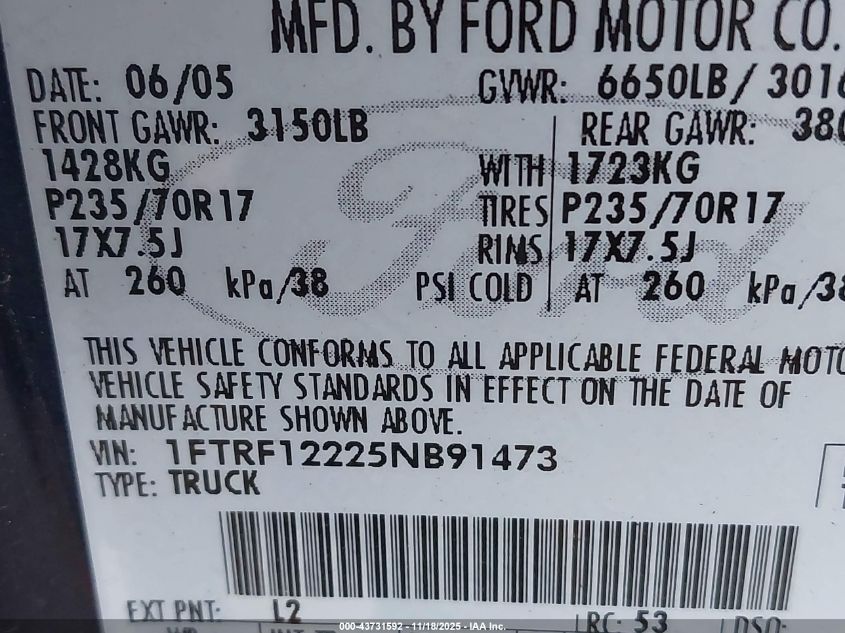 2005 Ford F-150 Stx/Xl/Xlt VIN: 1FTRF12225NB91473 Lot: 43731592