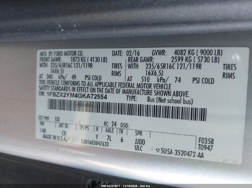 2016 Ford Transit-350 Xlt VIN: 1FBZX2YM4GKA72554 Lot: 43731611