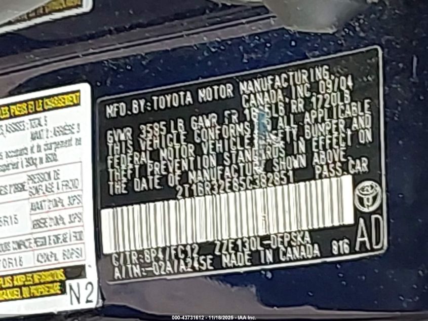 2005 Toyota Corolla S VIN: 2T1BR32E85C382851 Lot: 43731612