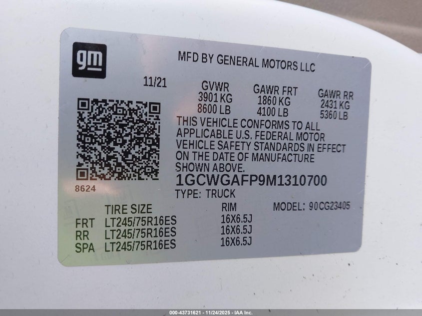 2021 Chevrolet Express Cargo Rwd 2500 Regular Wheelbase Wt VIN: 1GCWGAFP9M1310700 Lot: 43731621