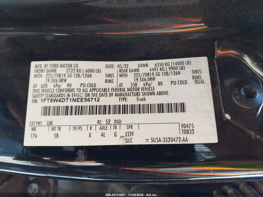 2022 Ford Super Duty F-450 Drw Lariat VIN: 1FT8W4DT1NEE56712 Lot: 43731627