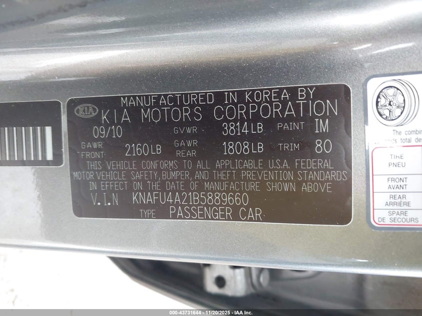 2011 Kia Forte Ex VIN: KNAFU4A21B5889660 Lot: 43731644