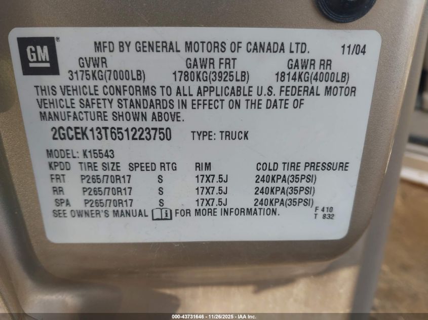 2005 Chevrolet Silverado 1500 Z71 VIN: 2GCEK13T651223750 Lot: 43731646