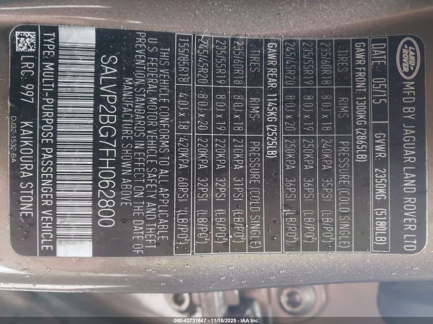 2015 Land Rover Range Rover Evoque Pure VIN: SALVP2BG7FH062800 Lot: 43731647