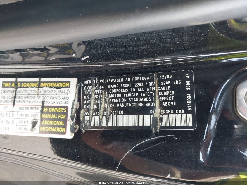 2007 Volkswagen Eos 2.0T VIN: WVWAA71FX7V029158 Lot: 43731653