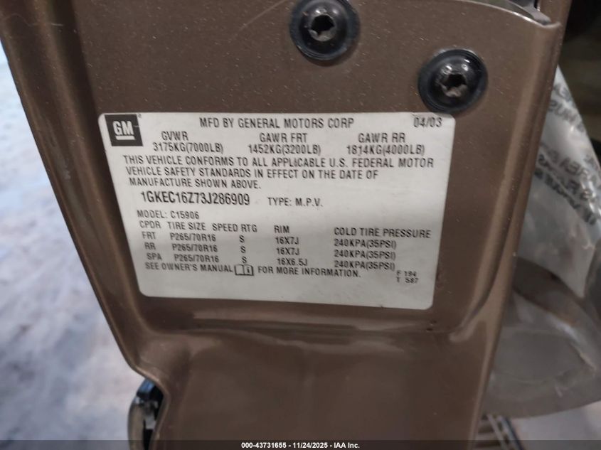 2003 GMC Yukon Xl 1500 Slt VIN: 1GKEC16Z73J286909 Lot: 43731655