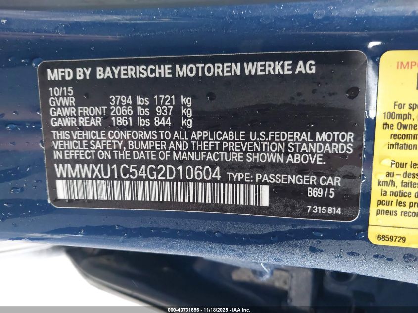 2016 Mini Hardtop Cooper VIN: WMWXU1C54G2D10604 Lot: 43731656