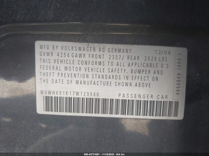2007 Volkswagen Gti 4-Door VIN: WVWHV91K17W129560 Lot: 43731667