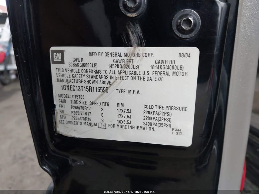 2005 Chevrolet Tahoe Lt VIN: 1GNEC13T15R116598 Lot: 43731670