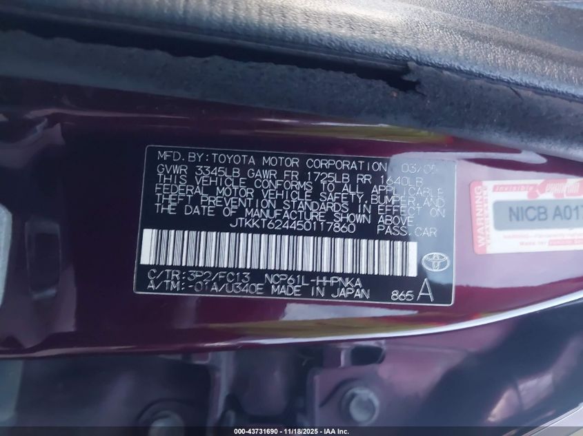 2005 Scion Xa VIN: JTKKT624450117860 Lot: 43731690