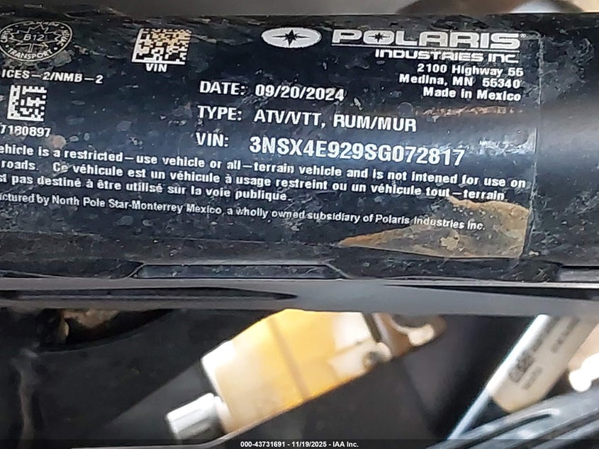 2025 Polaris Rzr Pro Xp Sport VIN: 3NSX4E929SG072817 Lot: 43731691
