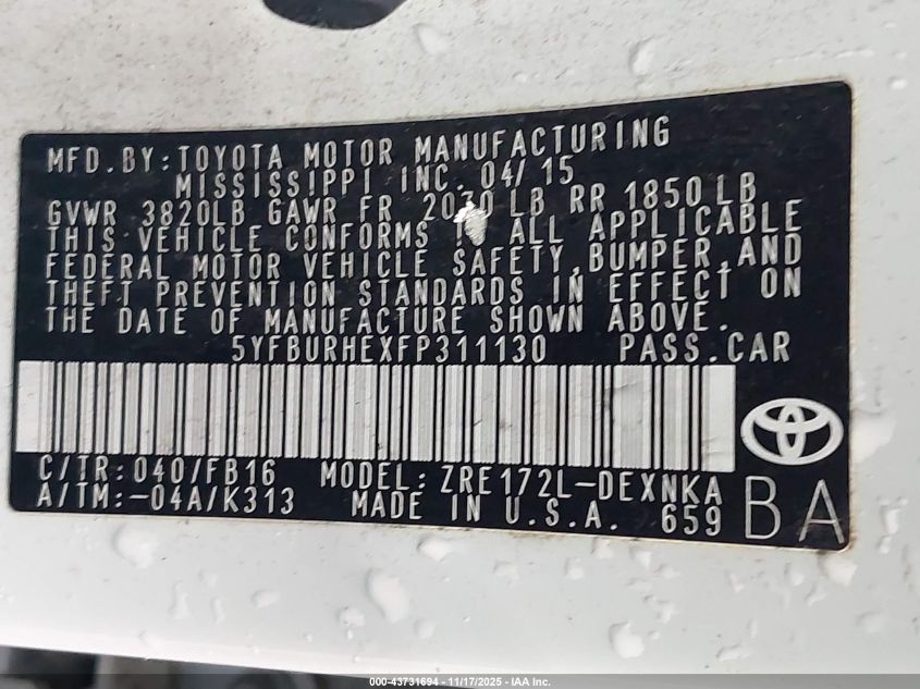 2015 Toyota Corolla Le VIN: 5YFBURHEXFP311130 Lot: 43731694