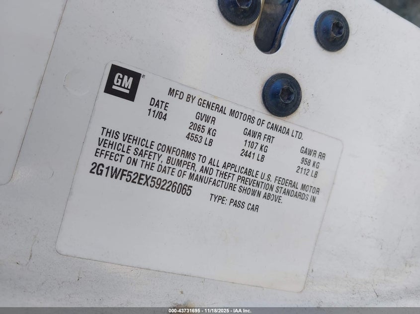 2005 Chevrolet Impala VIN: 2G1WF52EX59226065 Lot: 43731695