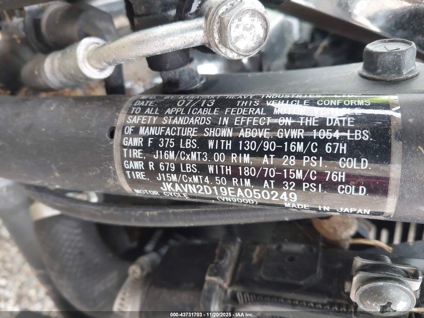 2014 Kawasaki Vn900 D VIN: JKAVN2D19EA050249 Lot: 43731703