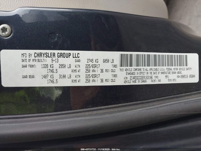 2014 Dodge Grand Caravan Sxt VIN: 2C4RDGCG3ER163106 Lot: 43731733