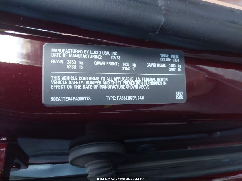 2023 Lucid Air Touring VIN: 50EA1TEA4PA005173 Lot: 43731743