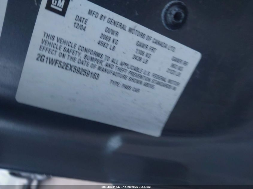 2005 Chevrolet Impala VIN: 2G1WF52EX59259163 Lot: 43731747