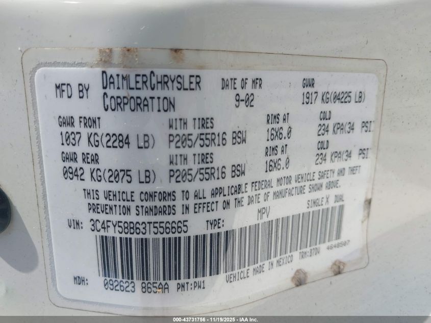 2003 Chrysler Pt Cruiser Touring VIN: 3C4FY58B63T556665 Lot: 43731756