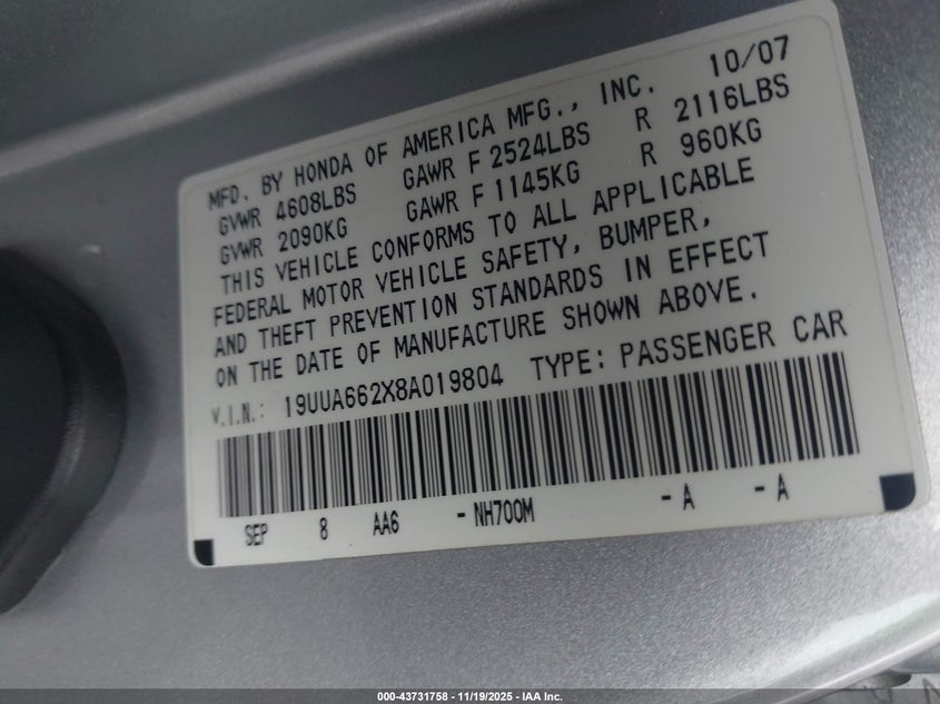 2008 Acura Tl 3.2 VIN: 19UUA662X8A019804 Lot: 43731758