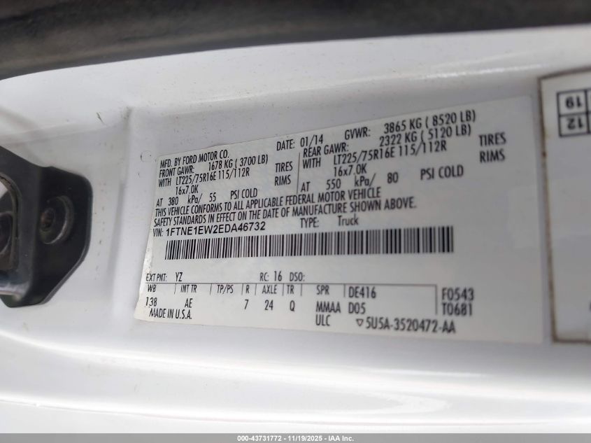 2014 Ford E-150 Commercial VIN: 1FTNE1EW2EDA46732 Lot: 43731772