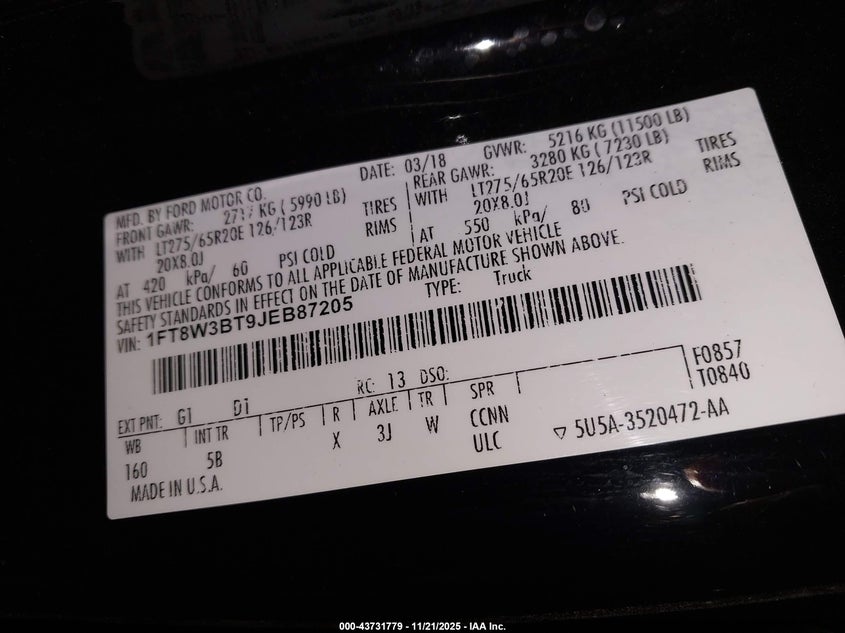 2018 Ford F-350 Lariat VIN: 1FT8W3BT9JEB87205 Lot: 43731779