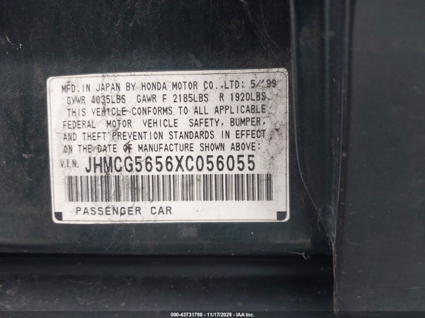 1999 Honda Accord Ex VIN: JHMCG5656XC056055 Lot: 43731798