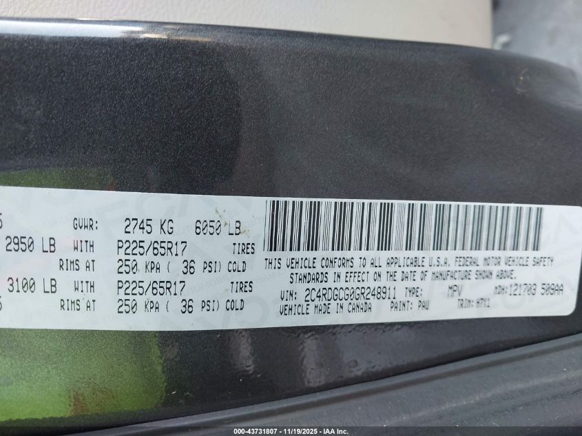 2016 Dodge Grand Caravan Sxt VIN: 2C4RDGCG0GR248911 Lot: 43731807