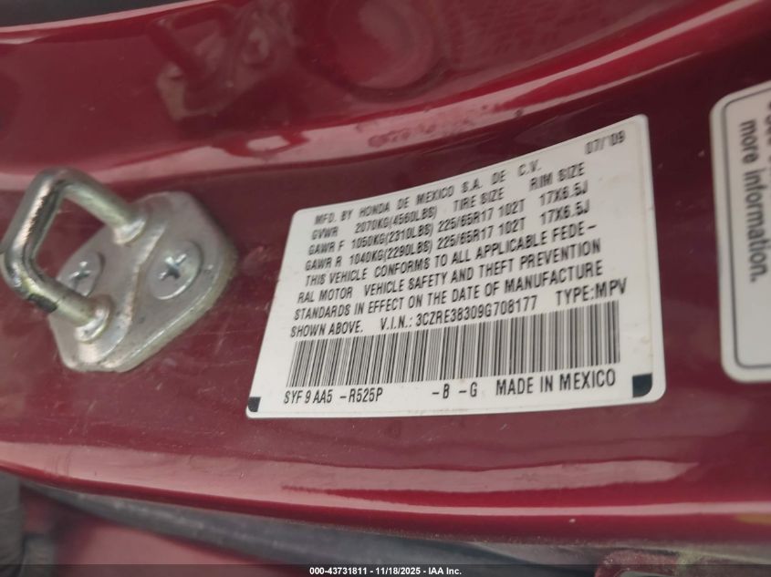 2009 Honda Cr-V Lx VIN: 3CZRE38309G708177 Lot: 43731811