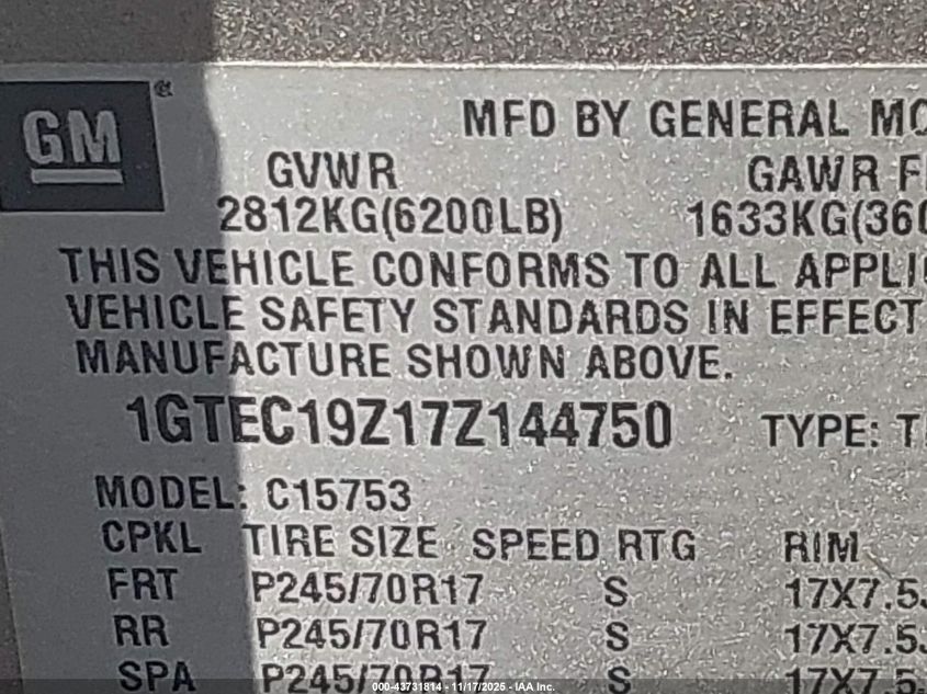2007 GMC Sierra 1500 Classic Work Truck VIN: 1GTEC19Z17Z144750 Lot: 43731814
