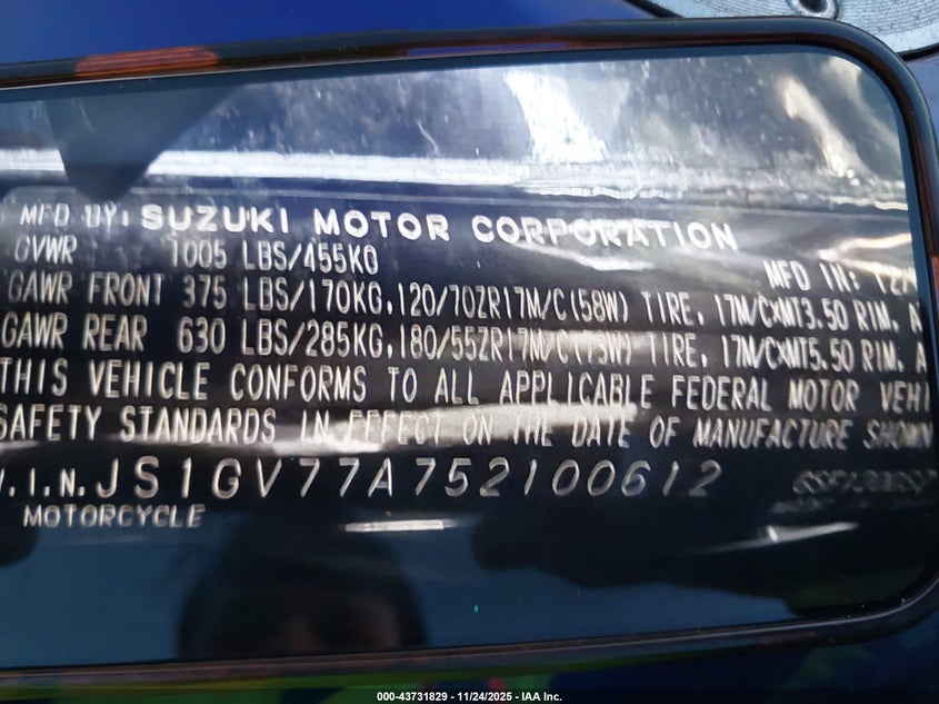 2005 Suzuki Gsf1200 S VIN: JS1GV77A752100612 Lot: 43731829