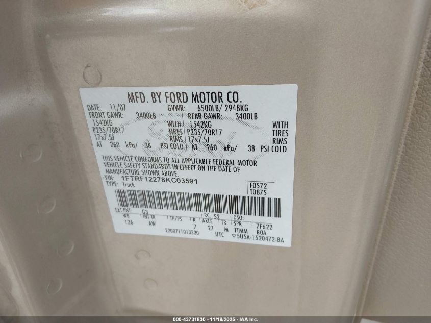 2008 Ford F-150 Stx/Xl/Xlt VIN: 1FTRF12278KC03591 Lot: 43731830