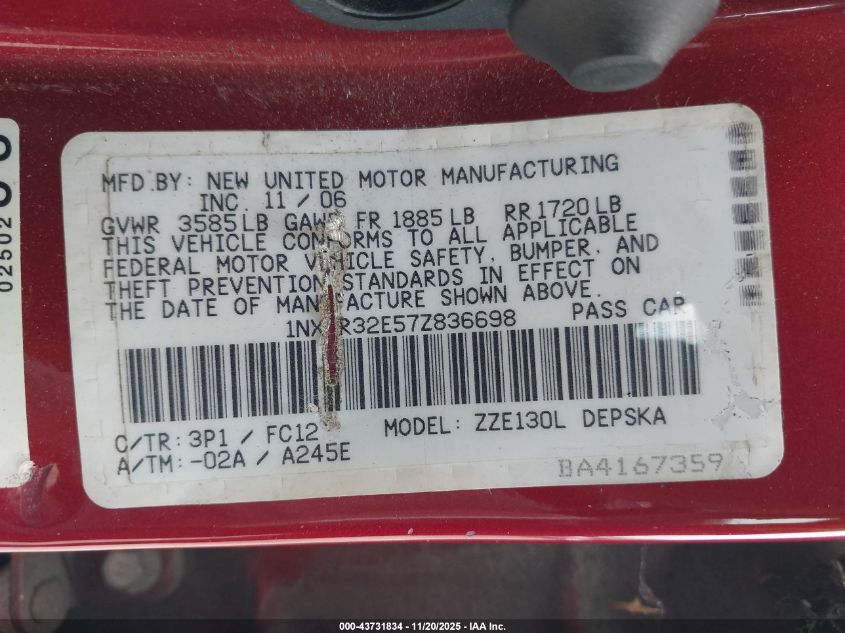 2007 Toyota Corolla S VIN: 1NXBR32E57Z836698 Lot: 43731834