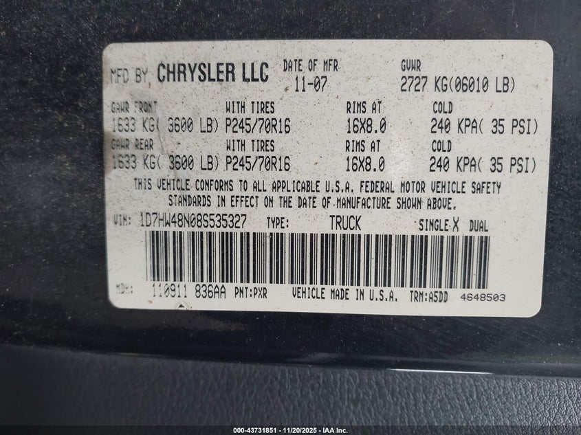 2008 Dodge Dakota Slt VIN: 1D7HW48N08S535327 Lot: 43731851