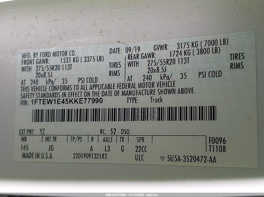 2019 Ford F-150 Xl VIN: 1FTEW1E45KKE77990 Lot: 43731855