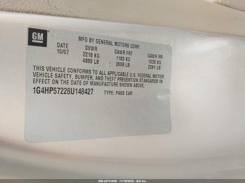 2008 Buick Lucerne Cx VIN: 1G4HP57228U148427 Lot: 43731856